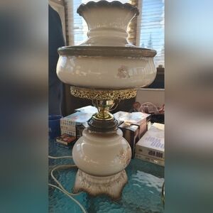 Vintage 1980's Handmade Cream and Gold Hurricane Style Electric Table Lamp